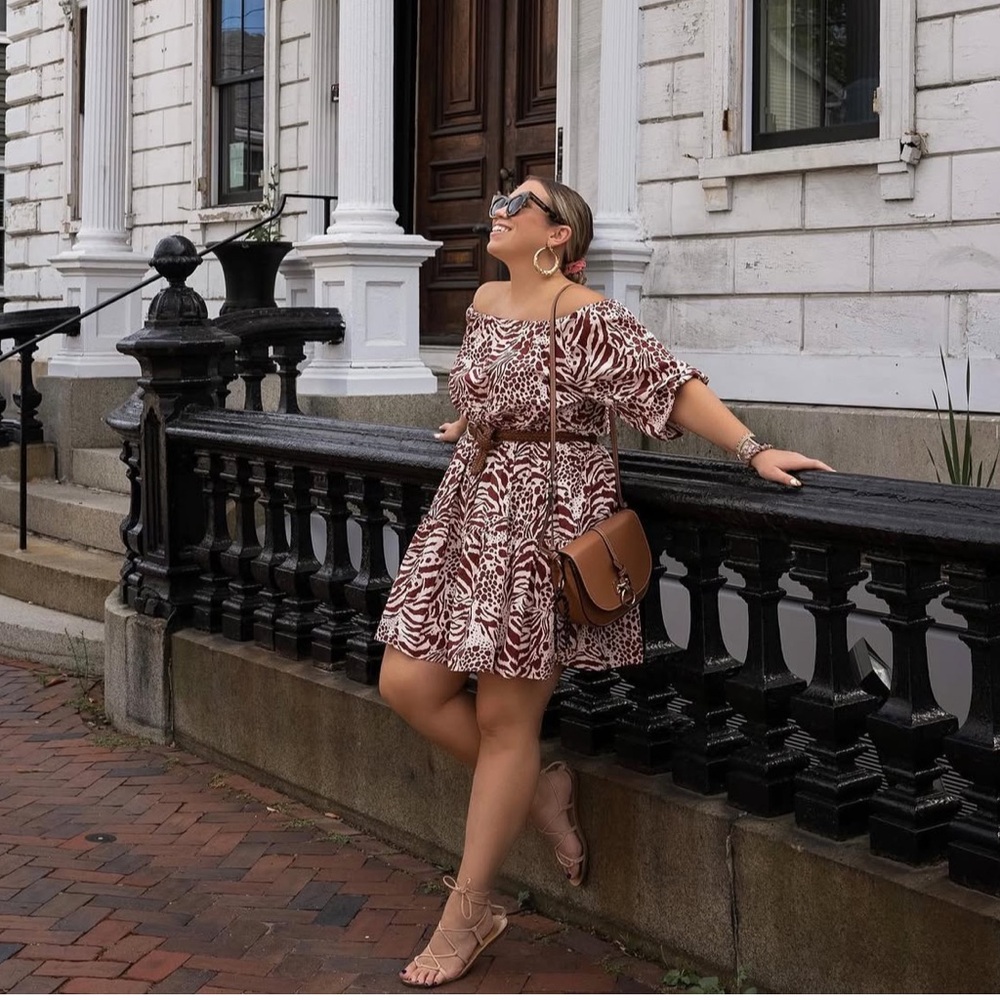 Mango Reddish Brown and Cream Patterned Dress